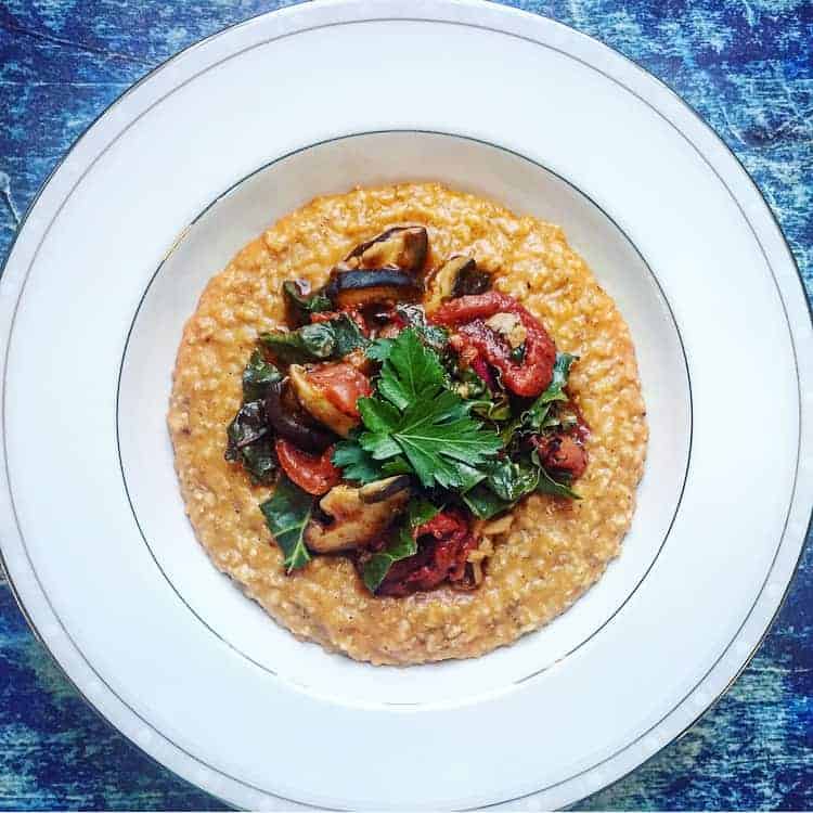 Savory Oatmeal Bowl with Stewed Tomatoes, Mushrooms and Rainbow Chard