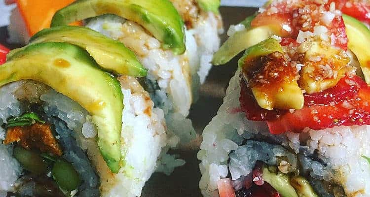 Avocado & Strawberry Vegan Sushi Rolls With Macademia Nut Crunch