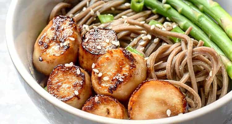 Miso Glazed Vegan Scallops Over Soba Noodles