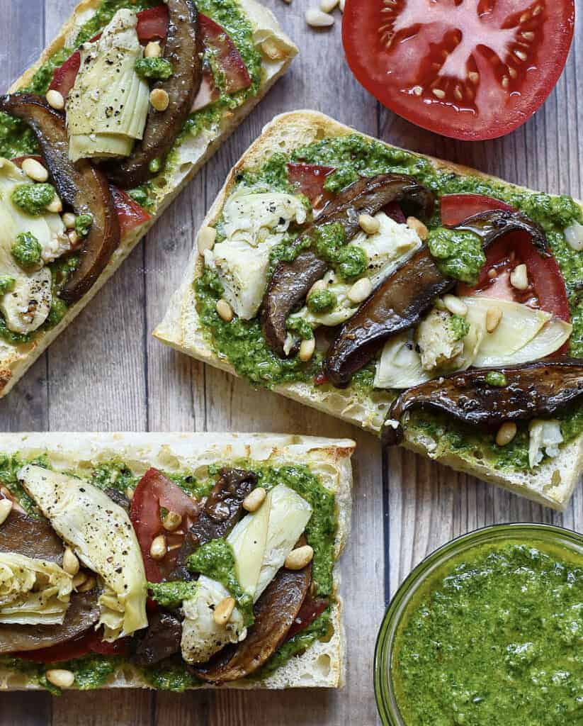 Roasted Portobello Mushrooms & Artichoke Vegan Sandwiches with Basil Pesto