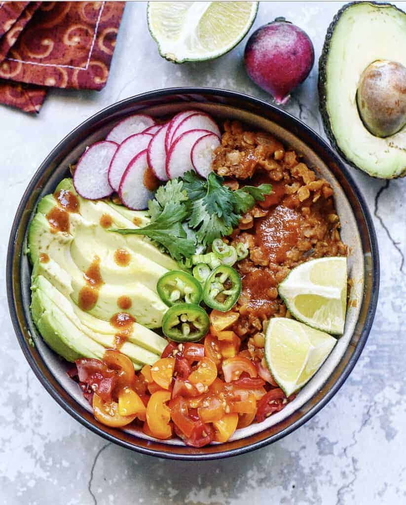 Spicy Red Lentil Vegan Burrito Bowl 