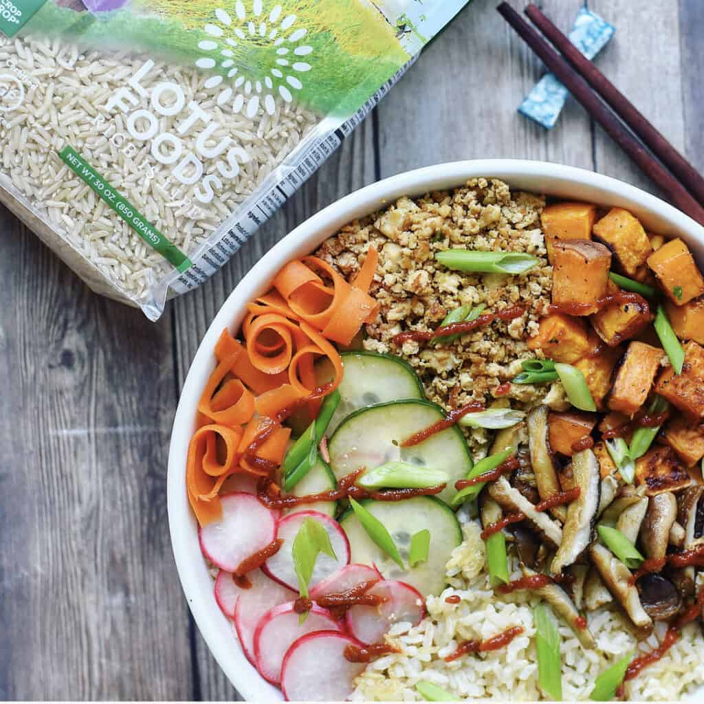 Vegan Bibimbap Bowl with Korean Tofu Crumble & Pickled Vegetables