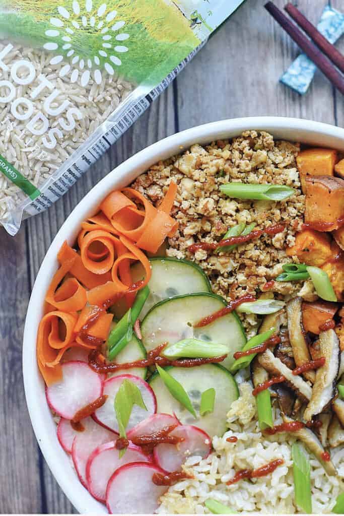 Vegan Bibimbap Bowl with Korean Tofu Crumble & Pickled Vegetables