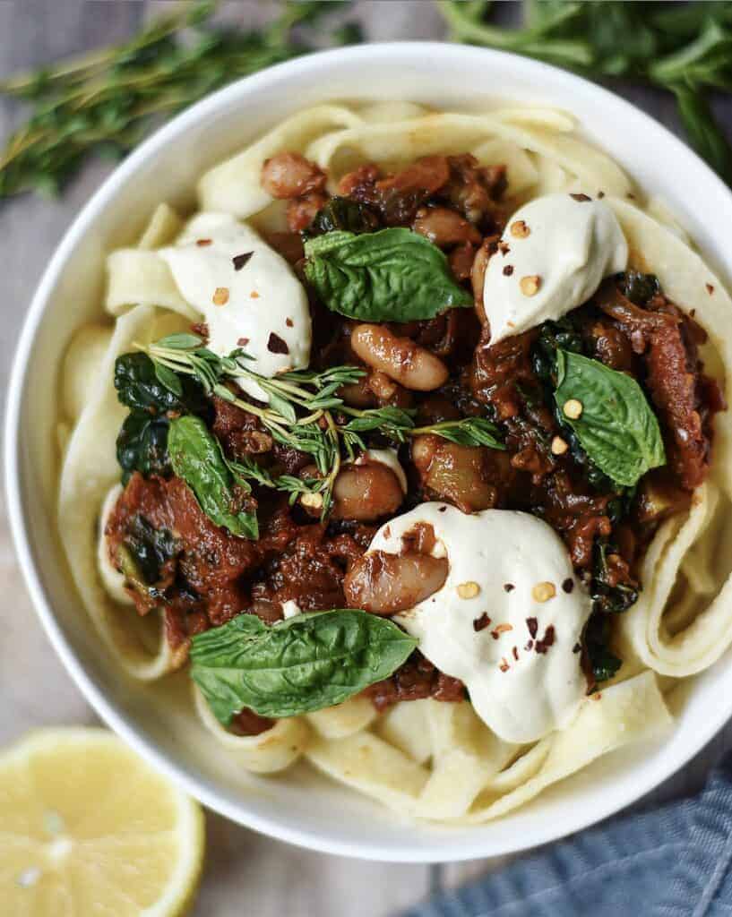 Pappardelle with Kale & White Bean Ragu and Cashew Cream Sauce