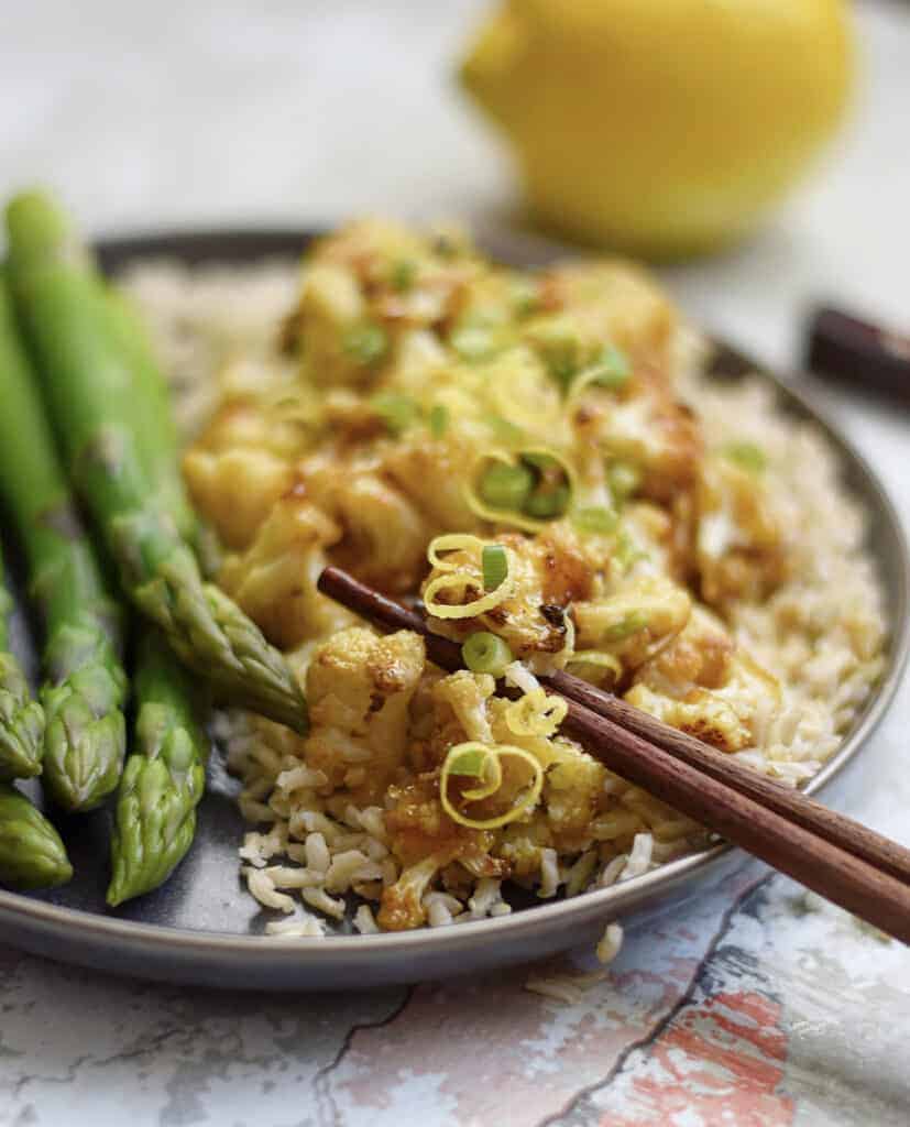 Roasted Cauliflower in a Sticky Lemon Sauce with Steamed Asparagus