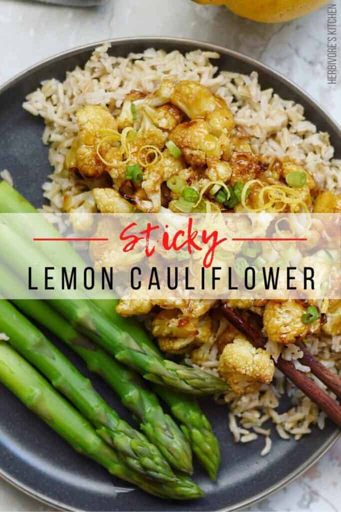 Roasted Cauliflower in a Sticky Lemon Sauce with Steamed Asparagus