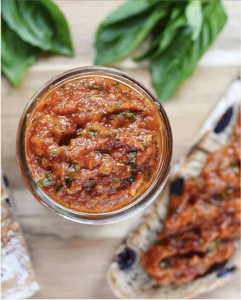 Roasted Tomato Compote with Fresh Basil and Olive Bread from Sourdough Starter