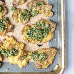 Garlic Smashed Potatoes with Chimichurri Sauce