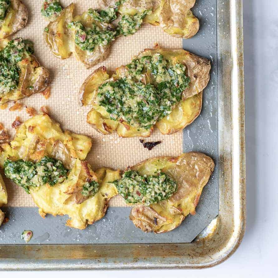 Garlic Herb Smashed Red Potatoes - Saving Room for Dessert