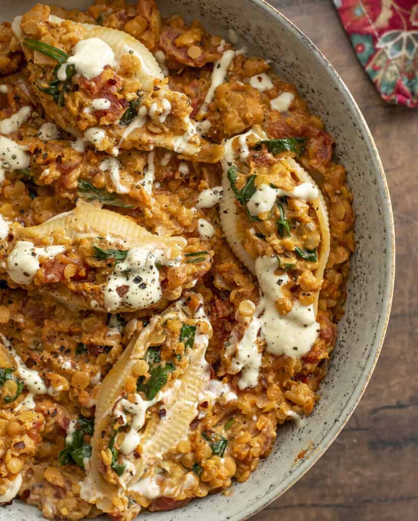 Stuffed Shells with Creamy Vegan Lentil Bolognese Sauce