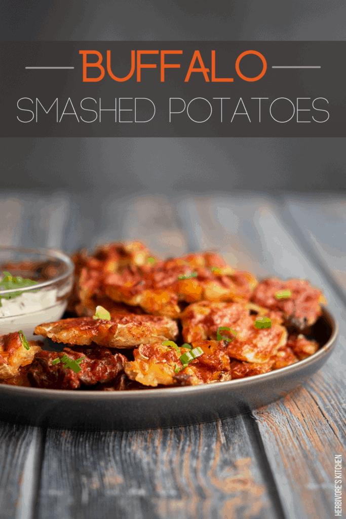 Buffalo Smashed Potatoes: The Ultimate Vegan Appetizer Served with a Side of Cashew Ranch Dip