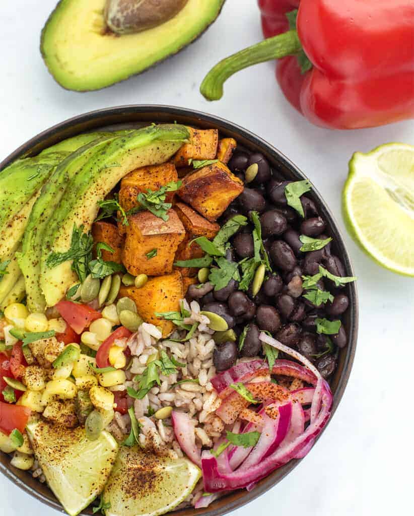 Vegan Burrito Bowl: This Healthy Burrito Bowl Recipe Features Crispy Roasted Sweet Potatoes