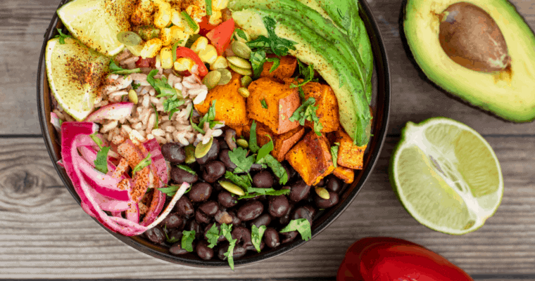 Vegan Burrito Bowl with Crispy Roasted Sweet Potatoes