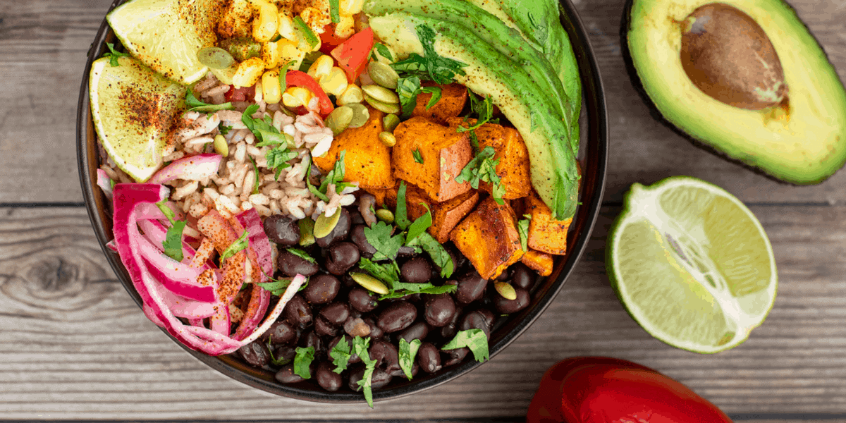 Vegan Burrito Bowl with Crispy Roasted Sweet Potatoes