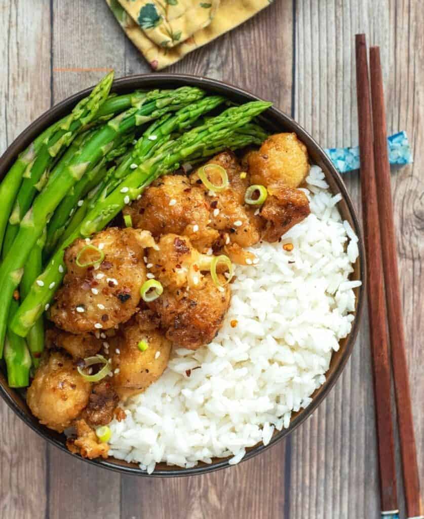 Crispy Orange Cauliflower with Steamed Asparagus