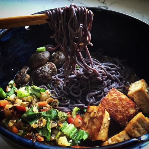 Vegan Mushroom Ramen with Black Rice Noodles and Peanut Tofu Recipe