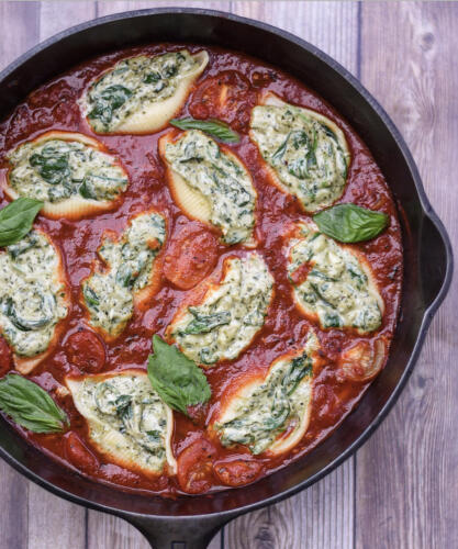 Basil Pesto Stuffed Shells in Tomato Sauce 